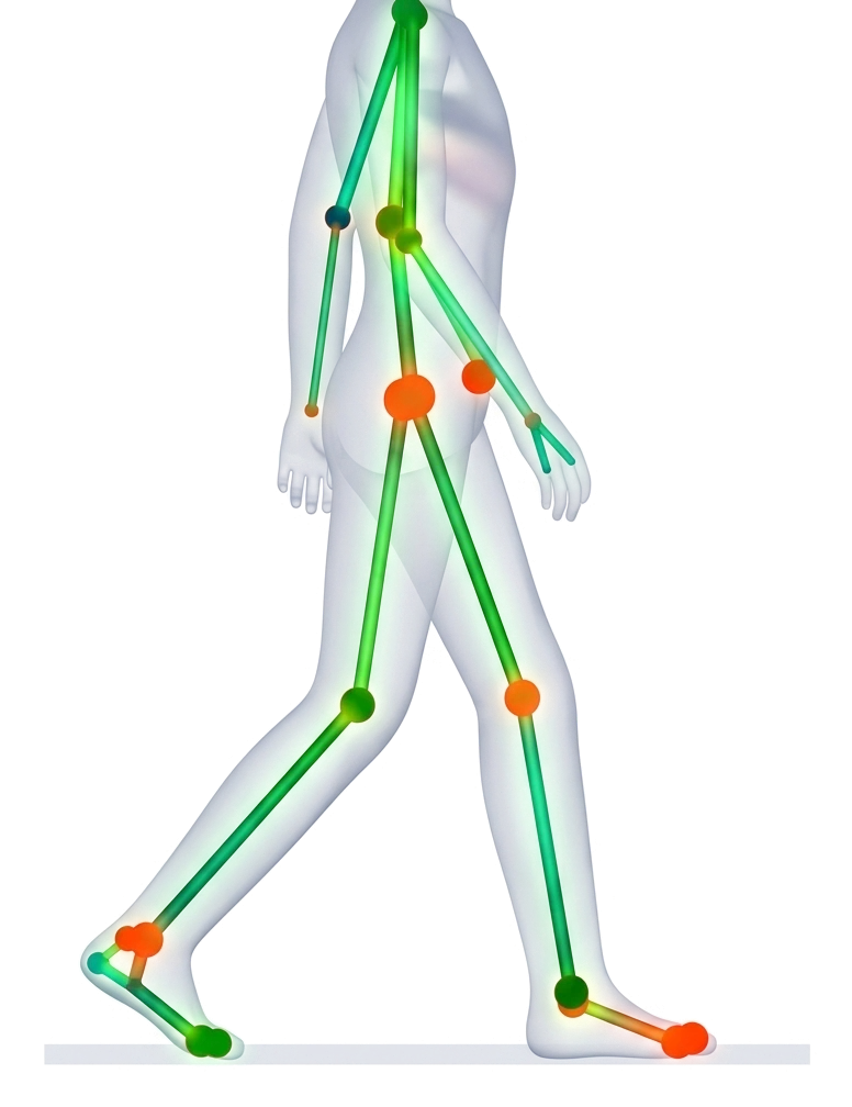 Side view of a person mid-stride, with the pose-estimation skeleton traced over hips, knees, ankles and feet